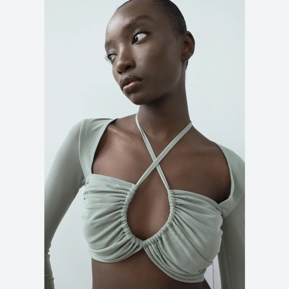 ZARA TULLE RUCHED CROP TOP NWT Long Sleeve Crisscross Straps M